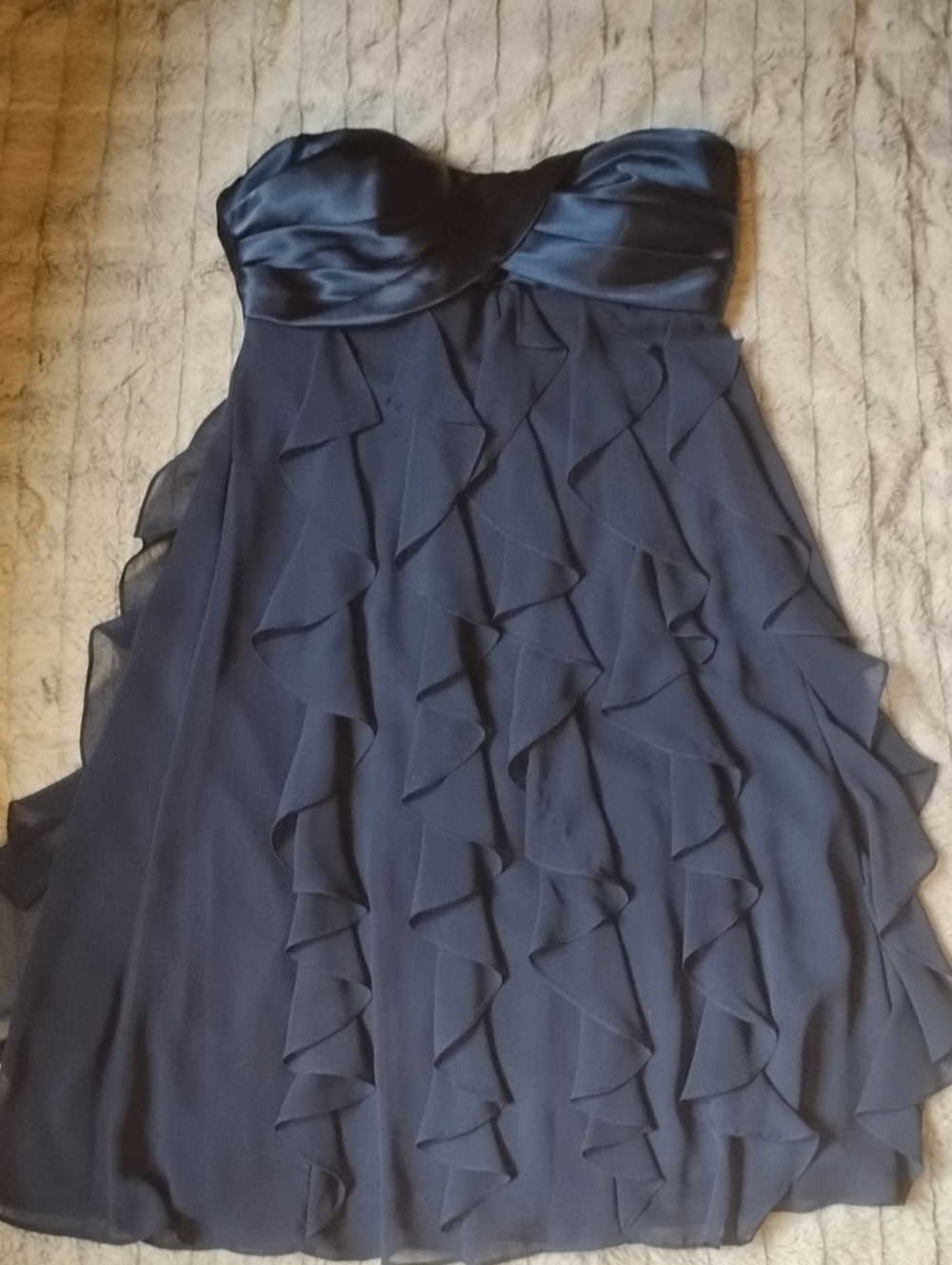 Cache 90s Vintage Strapless Navy Ruffle Evening Dress